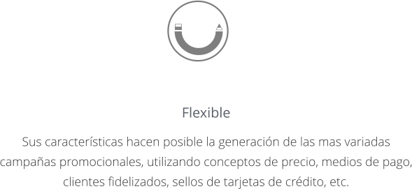 Flexible  Sus características hacen posible la generación de las mas variadas campañas promocionales, utilizando conceptos de precio, medios de pago, clientes fidelizados, sellos de tarjetas de crédito, etc.