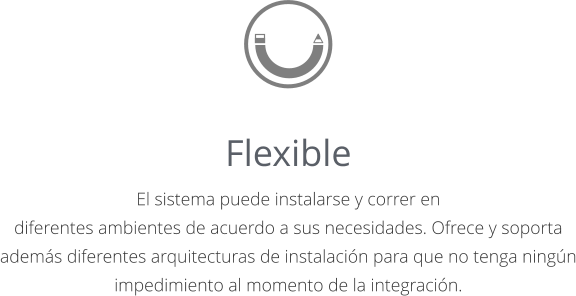 Flexible El sistema puede instalarse y correr en diferentes ambientes de acuerdo a sus necesidades. Ofrece y soporta además diferentes arquitecturas de instalación para que no tenga ningún impedimiento al momento de la integración.